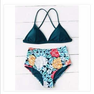Flower Print High Waist Crisscross Bikini Set